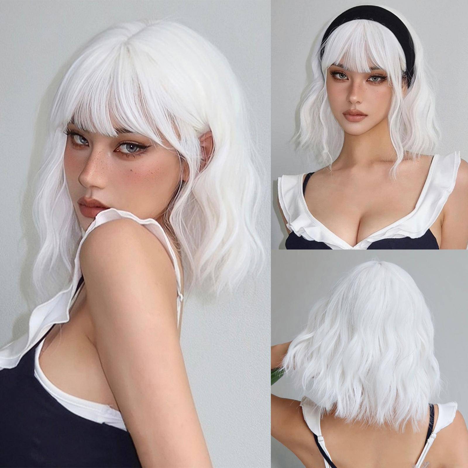 EASIHAIR Kort Vit Bob Syntetiska Peruker Kort Vågig Lolita Naturligt Hår Peruker med Lugg för Kvinnor Värmetålig Cosplay Peruk