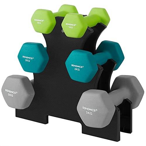 SONGMICS Hex Dumbbells Set with Stand - 2 x 1 kg, 2 x 2 kg, 2 x 3 kg, Neoprene Matte Finish, Hand Weights for Home Exercise, Lime, Teal, and Light Gre