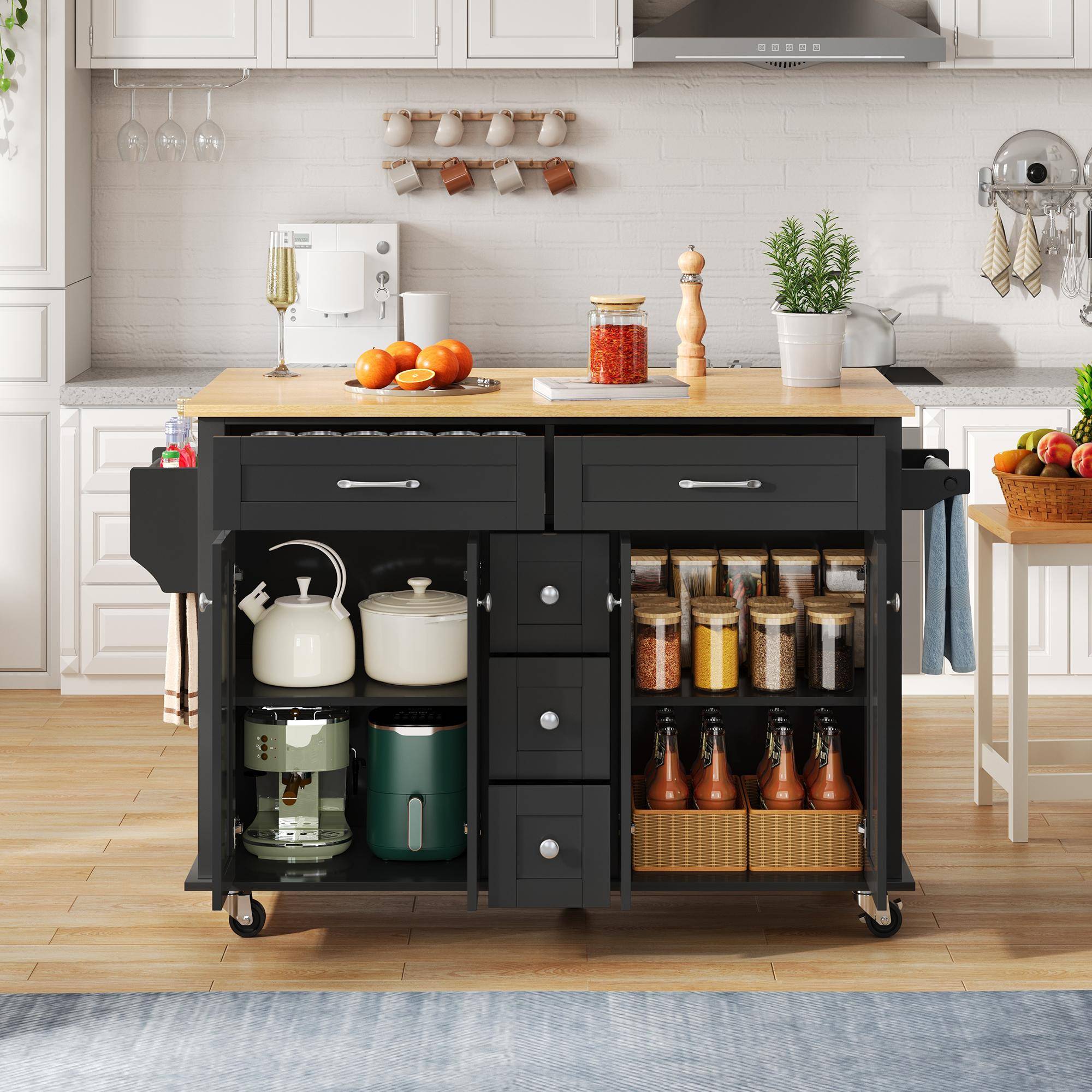 Versatile Kitchen Trolley with Extendable Worktop and 5 Drawers, Sturdy Buffet with Lockable Castors, 140L x 65W x 89H cm, Black+Natural Aosom UK