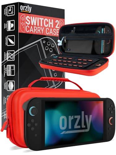 Orzly Bärfodral för Nintendo Switch 2 2025-konsol 7,9 tum skärmskydd hårt fodral med smart förvaring för tillbehör och spelfickor presentförpackning utgåva, Röd