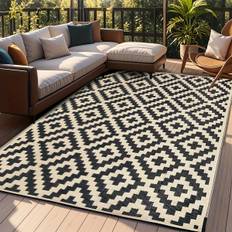 TEMU Outdoor Herringbone Pattern Rug, 100% Pp Double-sided Plastic Mat, Modern Large Floor Mat For Patio, Deck, Backyard, Camping, Beach - Black & Beige, Hand Wash Only, Deck Rugs And Mattress Pads