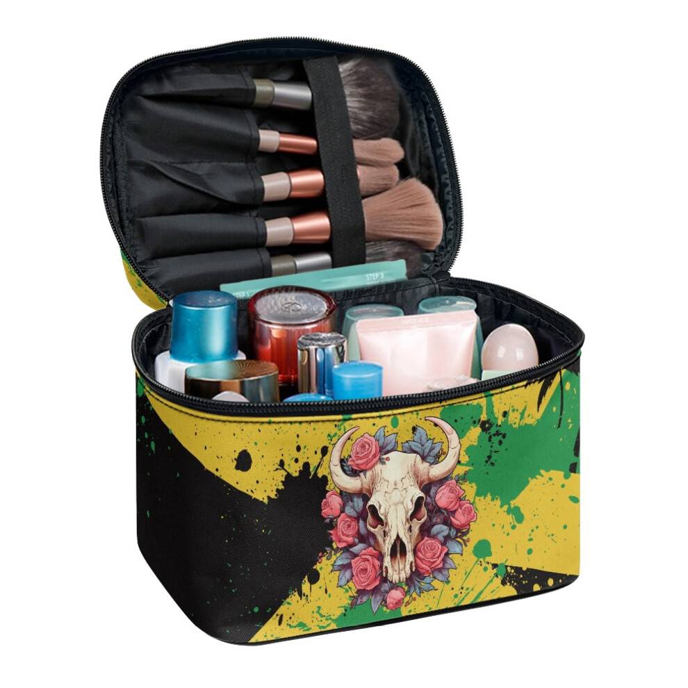 Rose & Bull Head Polyester Makeup-etui – Stor kapacitet, dobbelt lag, multifunktionel organizer