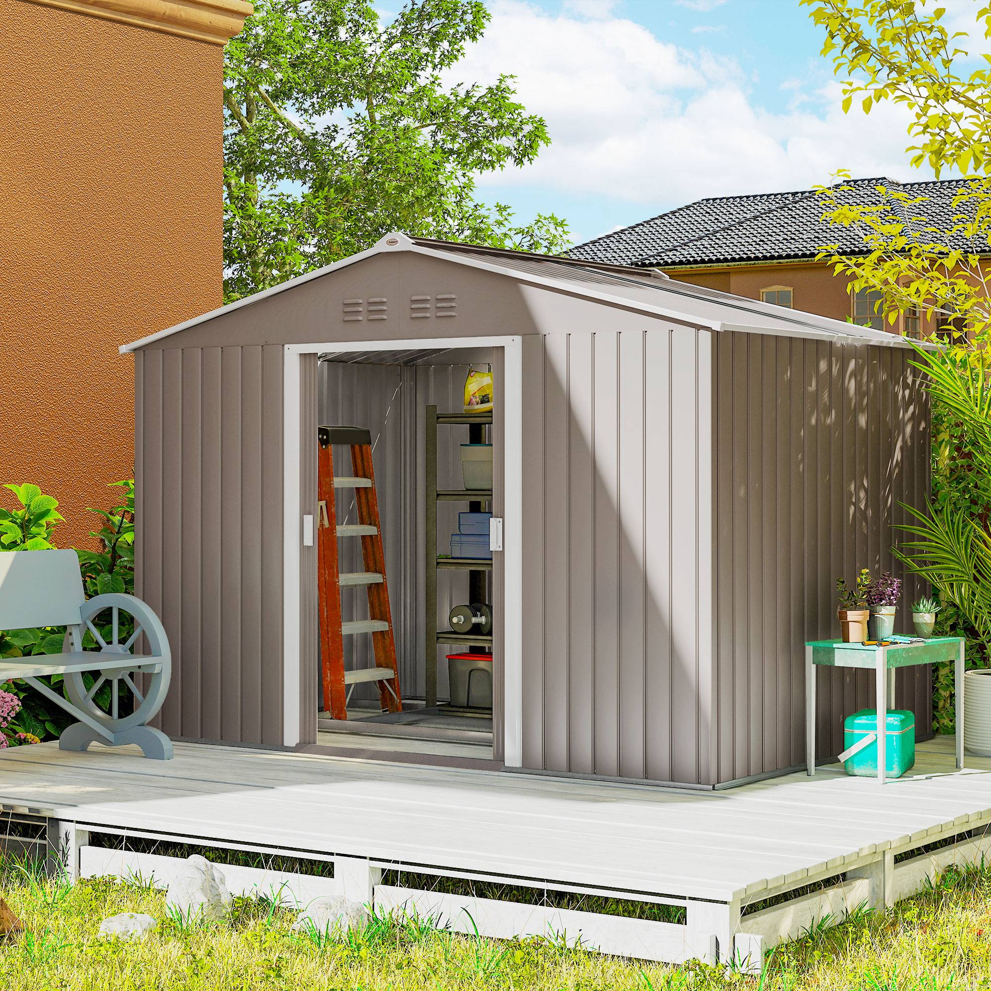 Haveskur i galvaniseret stål 4,9m² 277x195x192cm redskabsskur med gavltag, fundament, aflåselig skydedør, vejrbestandigt havehus, udendørs haveskur til baghaven lysegrå