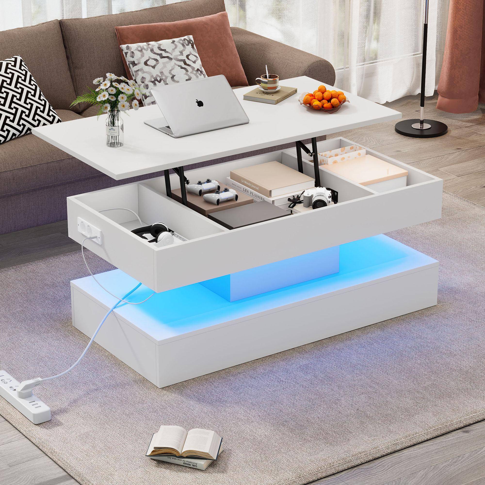 Modern Coffee Table with Bluetooth-Controlled LED Lighting, Lift-Up Center Table with Hidden Storage, 100L x 50W x 42H cm, White Aosom UK
