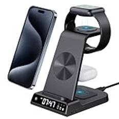 doeboe Wireless Charger, 3 in 1 Charging Station for Multiple Devices Apple with Digital Clock for i Phone 14/13/11/12/Pro Max/XR/AirP od Pro/3/2, Charger Dock for Apple Watch Series