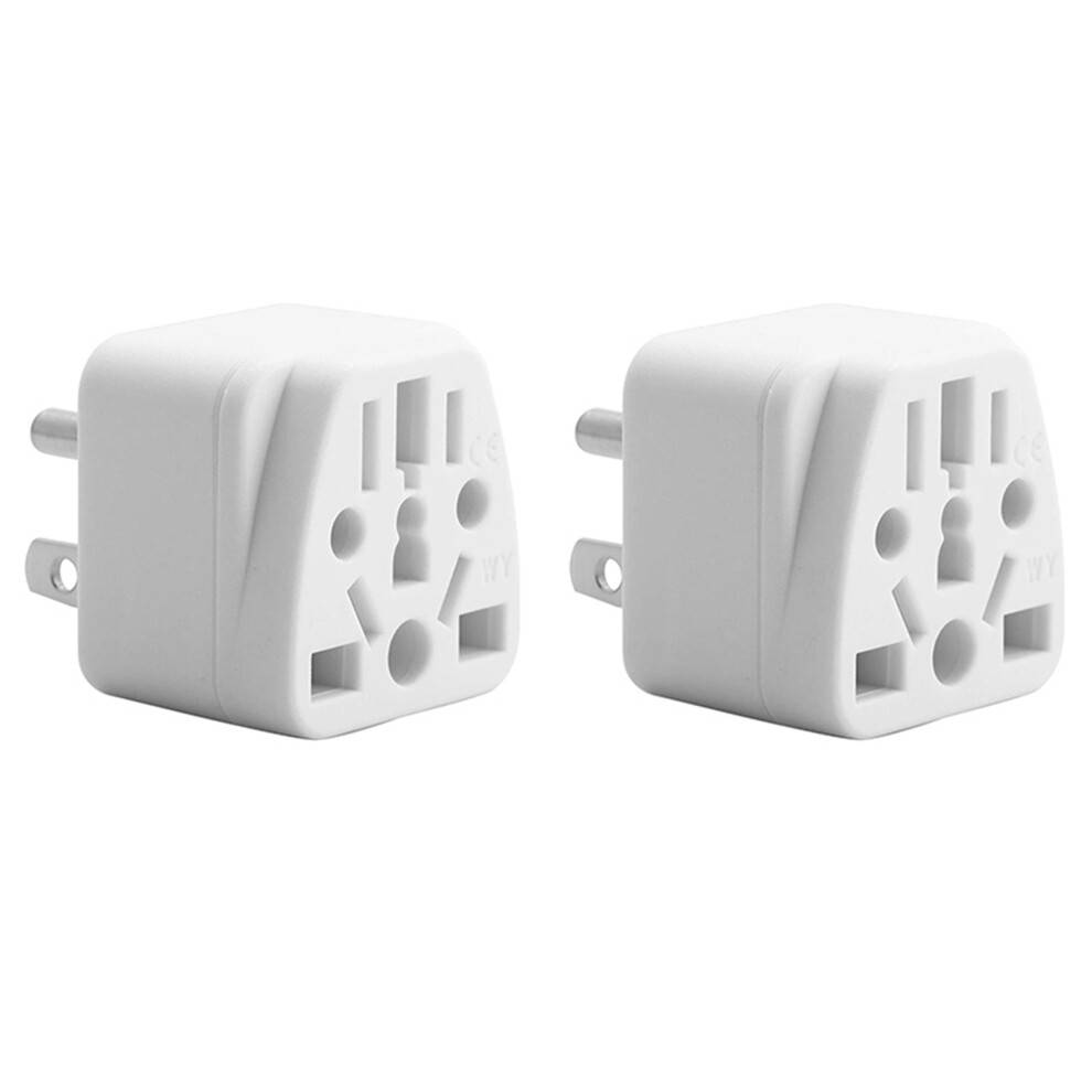 2X US Travel Plug Adapter EU/UK/AU/In/CN/JP/Asia/Italy/Brazil to USA (Type B), 3 Prong USA Plug, Charger Converter White