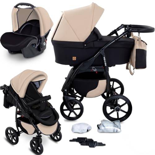 GaGaDumi Boston Barnvagn 3 I 1 Komplett Set Med Bilbarnstol - Kombinationsvagn Med Stora Hjul - Tüv-certifierad - Barnvagnsset - För Nyfödda Och Småbarn Beige Svart