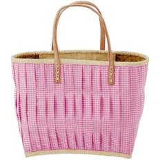 Rice Raffia Shopping Bag - Fabric Covered - Leather Handles - Dark Pink Vichy - Medium