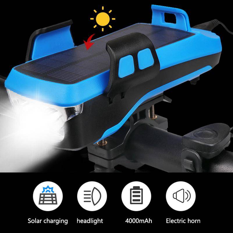 4 i 1 Solar Cykelljus Horn Telefonhållare Stativ USB Uppladdningsbar 4000mAh Power Bank Cykel Motorcykel Framljus svart