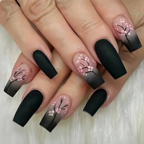 GlamRays 24 st. svarta pressade nageltippar - Fyrkantiga - Medel längd - Rosa blommor - Av akryl - Full täckning - Glansig - Medel längd