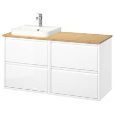 IKEA - ÄNGSJÖN / BACKSJÖN skab til vask/vask/blandingsbatteri, højglans hvid/bambus, 122x49x71 cm