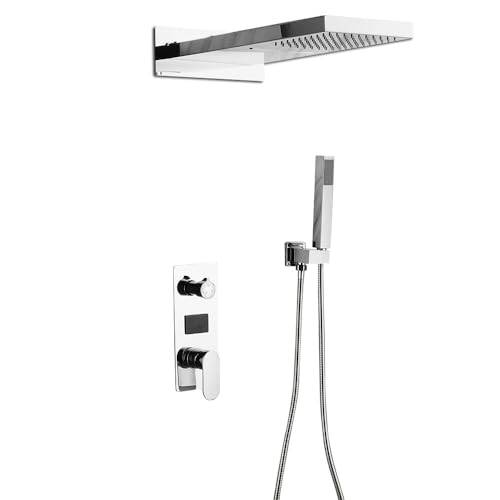 Dolt duschsystem med handdusch duscharmatur set LED termostat duschset duschhuvud regndusch duschpanel massage vattenfall silver armatur väggmontering av rostfritt stål och mässing 50 x 22 x 3 cm