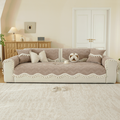 1 st soffskydd i chenille med vertikal struktur, modernt lyxigt sofföverdrag, för alla säsonger, soffpläd med tofsdetalj, halkfri botten, maskintvättb - Kaki (Multi-size)