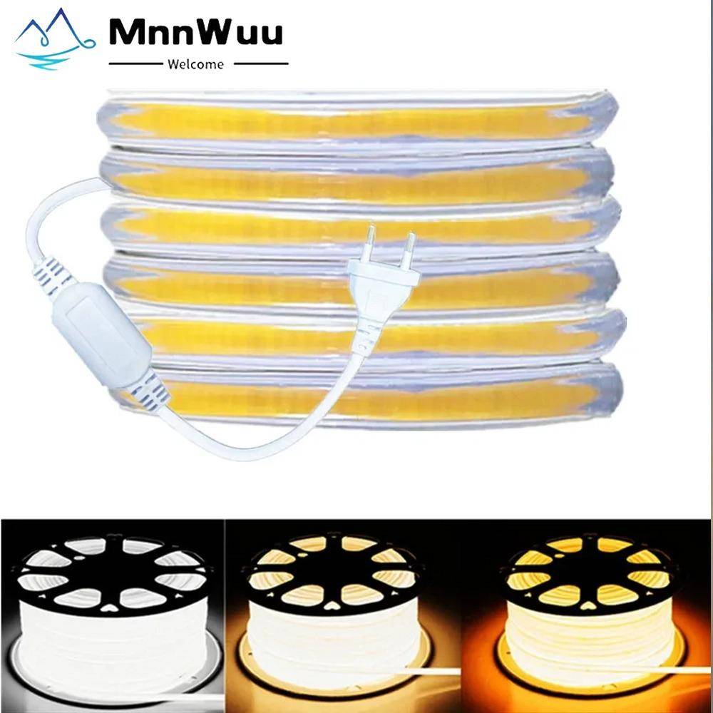 220V COB LED Strip Light EU Power Plug IP67 Spännefixering LED Strip-lampa Flexibel COB Linjär Light Bar 3000K 4000K 6000K 1-21m kall vit färg