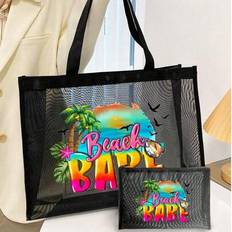 2pcs Mesh Beach Bag Nylon Material Alphabet Printed Beach Mesh Tote Bag With Large Capacity,Use Tt Yourself Or Give Gifts To Others,Back To School Sup - Black