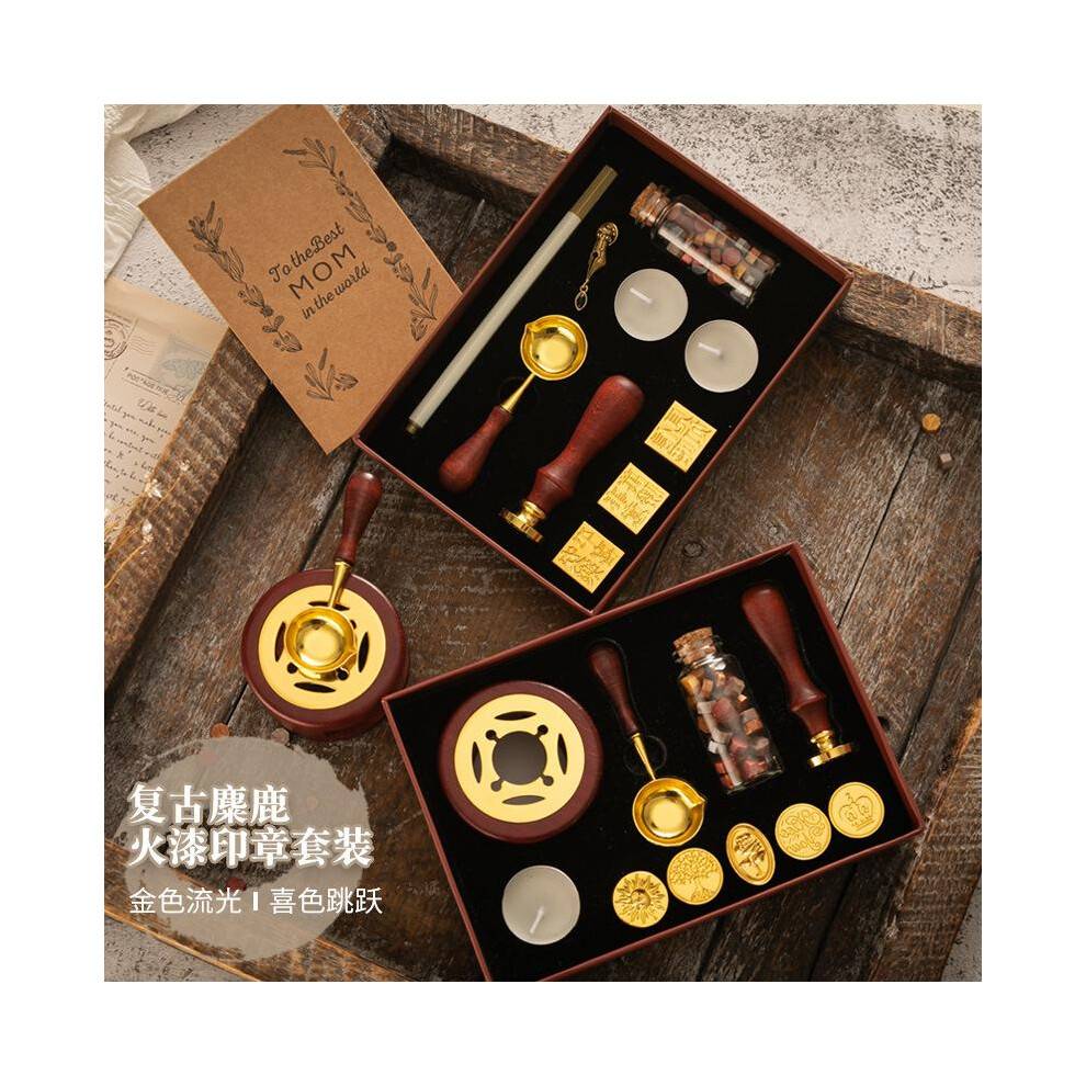 (4) Wax Seal Stamp Kit Vintage Reindeer Gift Box Wax Furnace Seal Round Wax Set Wooden Handle Wax Seal Kit