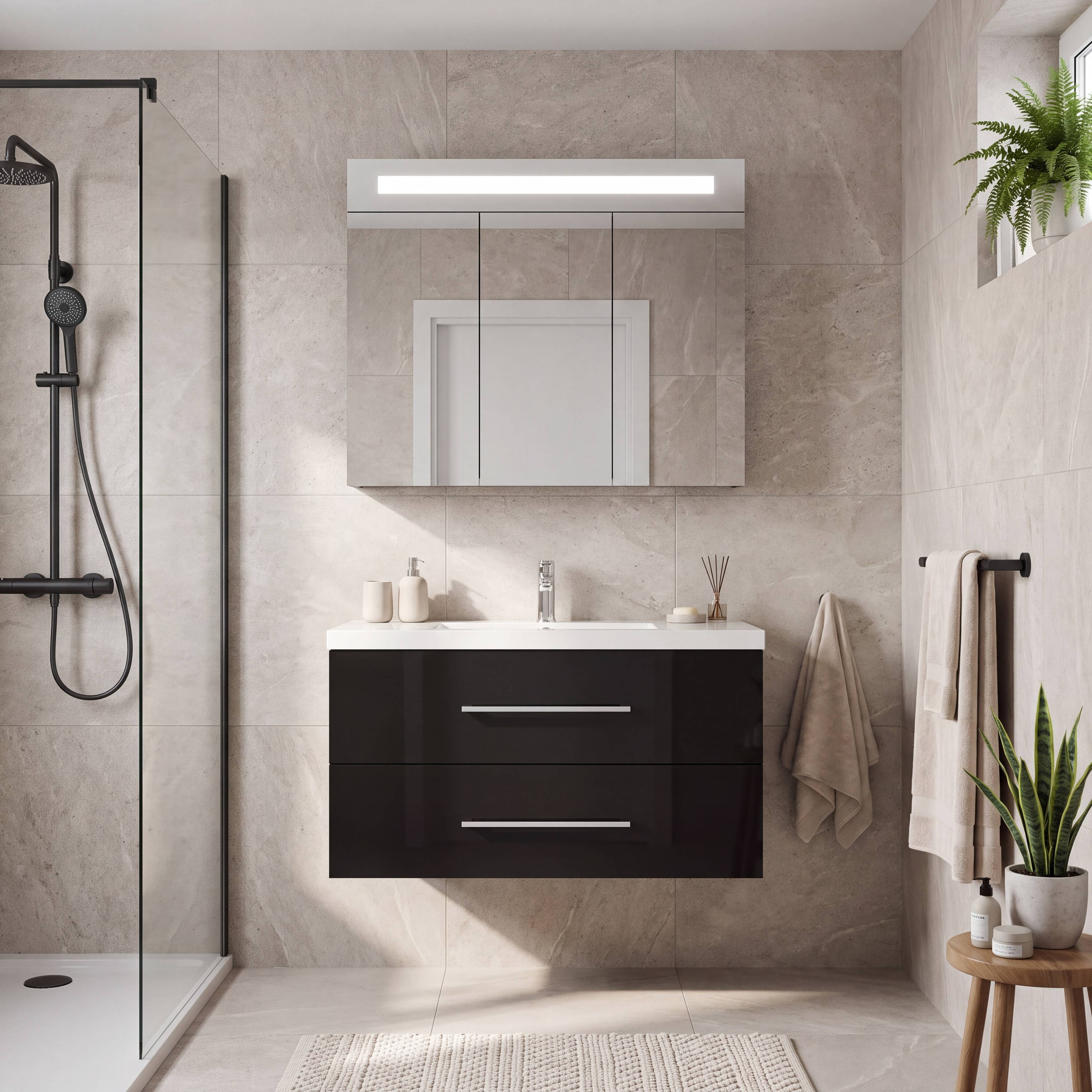 Badrumspaket 90 cm Svart LED-spegelskåp - Malaga