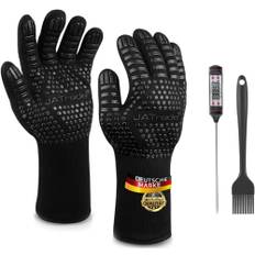 JATrade® Premium Grillhandschuhe inkl. Grillthermometer & Marinierpinsel, Back- & Ofenhandschuhe extrem hitzebeständig, Kaminhandschuhe feuerfest für Grill Dutch Oven Smoker Feuerschale