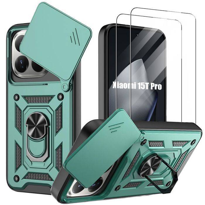 Hybridskal - E.F.CONNECTION - för Xiaomi 15T Pro - med Repskydd för Kamera - Grön - 2 Glas