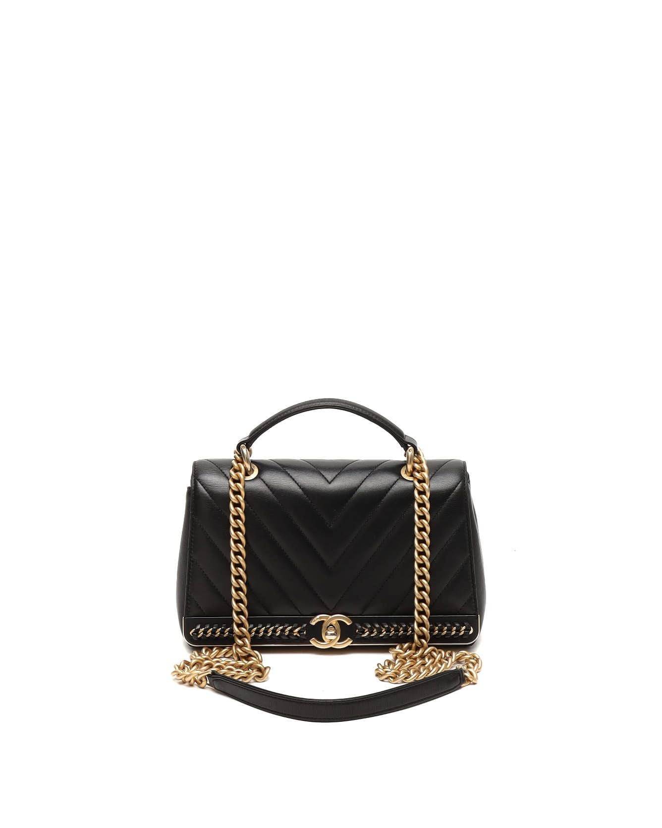 Chanel Chevron Stitched Chain Top Handle Flap Bag - Black - One Size