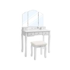 Toiletbord med 5 skuffer, makeup skrivebord med 1 skammel, rammeløst trefoldet spejl