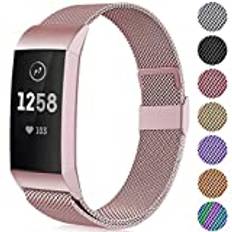 Faliogo Ersättningsrem av metall kompatibel med Fitbit Charge 3 rem/Fitbit Charge 4 rem, justerbart rostfritt stål armband för kvinnor män, liten stor Rosa guld L 7.1"-8.7"