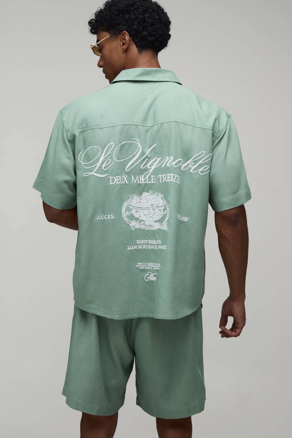 Back Embroidered Linen Look Oversized Shirt & Short Set | Sage | Size Medium