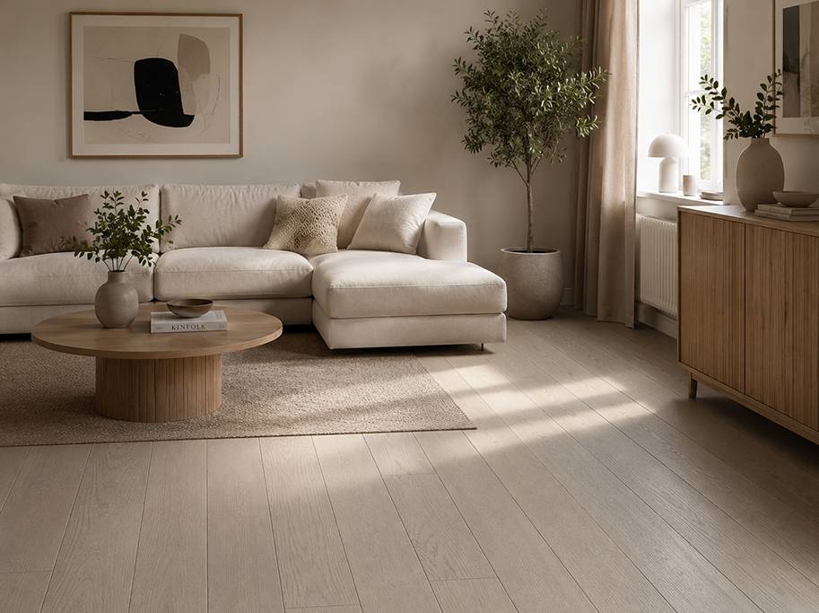 HARO Plankegulv - Børstet Ask Markant med pastel cremefarvet naturaDur matlak - Bredde 180 mm