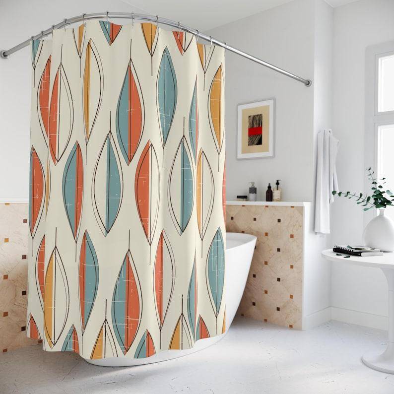 Abstrakt Retro Duschdraperi - Mid Century Modern, Orange & Blå, 1950-60-tal, Geometriskt Vintage, Söt Badrumsinredning