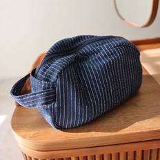 Classic Striped Large Capacity Handheld Makeup Bag, Linen Fabric, Dark Color Zipper, Skincare Products Travel Storage Pouch - Navy Blue
