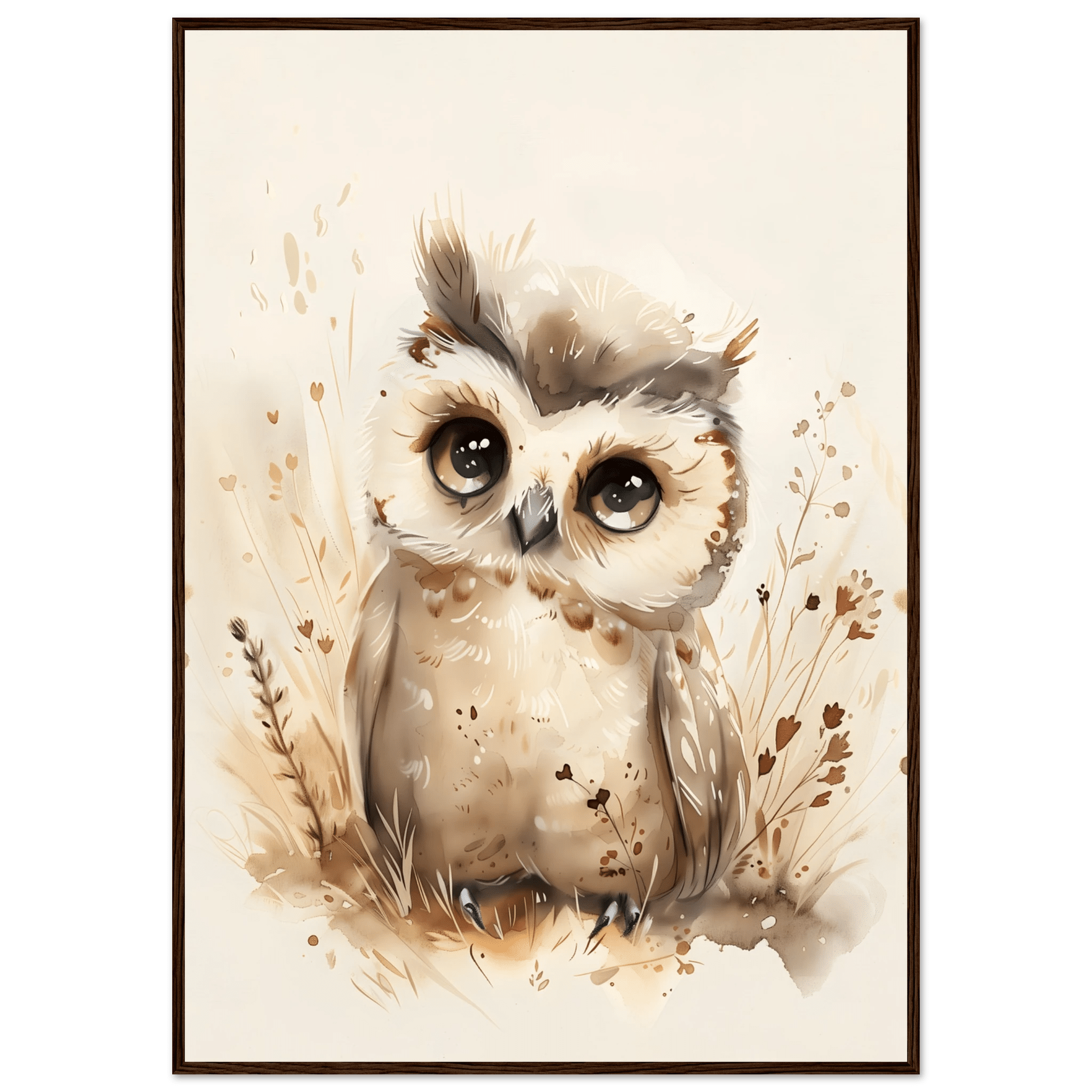 Söt uggla poster-70x100 cm / 28x40″ / Med ram / Mörkt trä