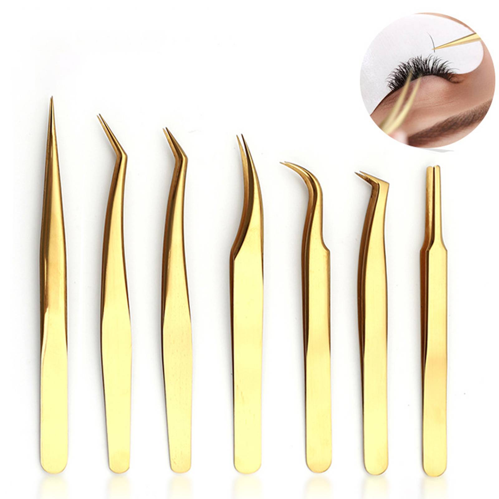 Gold Color Stainless Steel Eyelash Extension Tweezers Curved Straight Lashes Tweezer Eyelashes Nail Makeup Tools