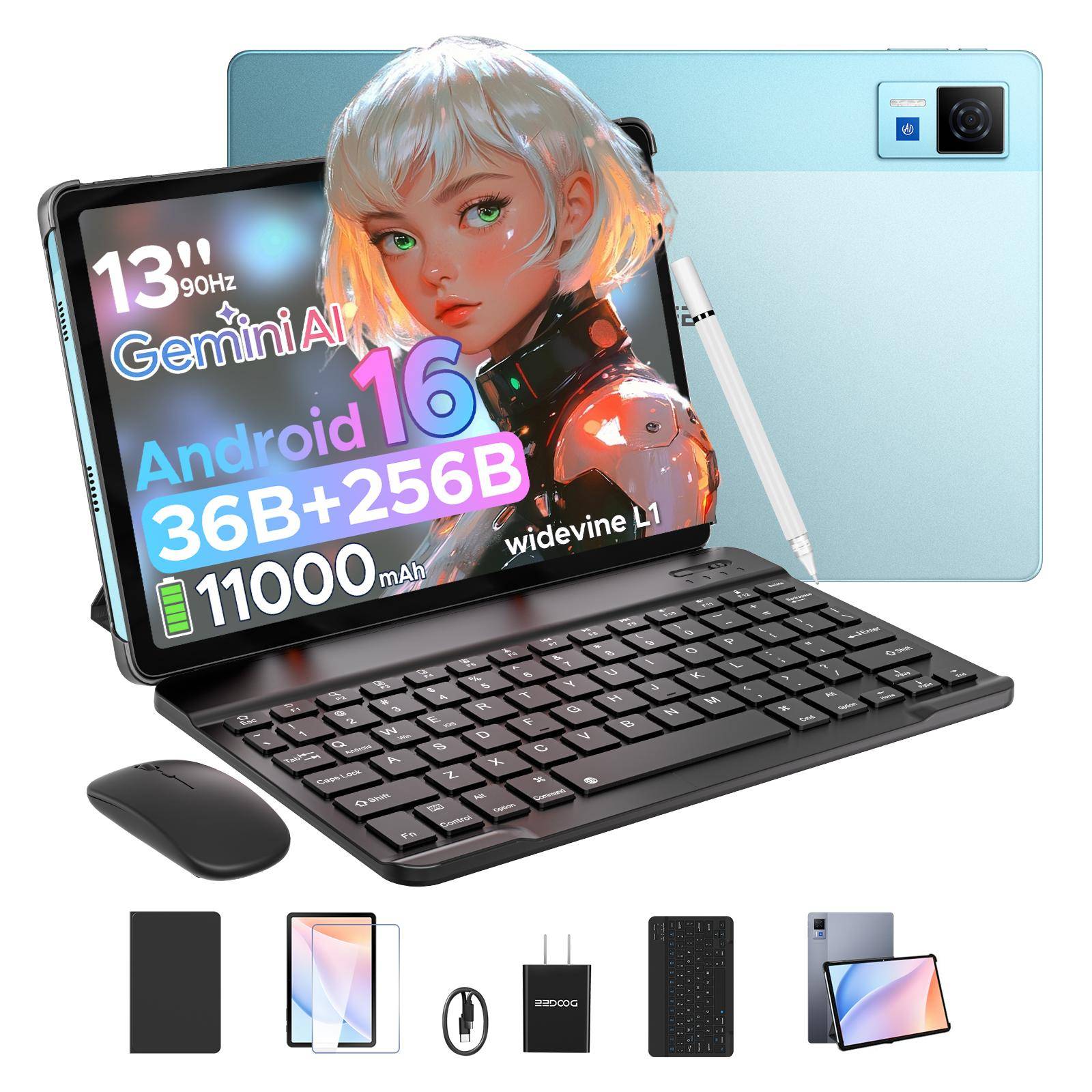 DOOGEE U13 Android 16 Tablet 13 inch Tablets, 32GB RAM+256GB ROM(2TB TF), 11000mAh Tablet with Keyboard Mouse Pen Case