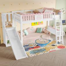 Hochbett 90x200 Kinderbett Mädchen Jugendbett Rutsche Stauraum LED-Bettgestell Lattenrost EN747 Kiefernholz Weiß 90x200 cm