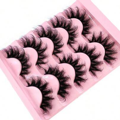 5 par/pack naturliga voluminösa fluffiga falska ögonfransar, lockande rufsiga syntetiska fiberfalska ögonfransar, långa 8D täta hållbara falska ögonfr - Svart