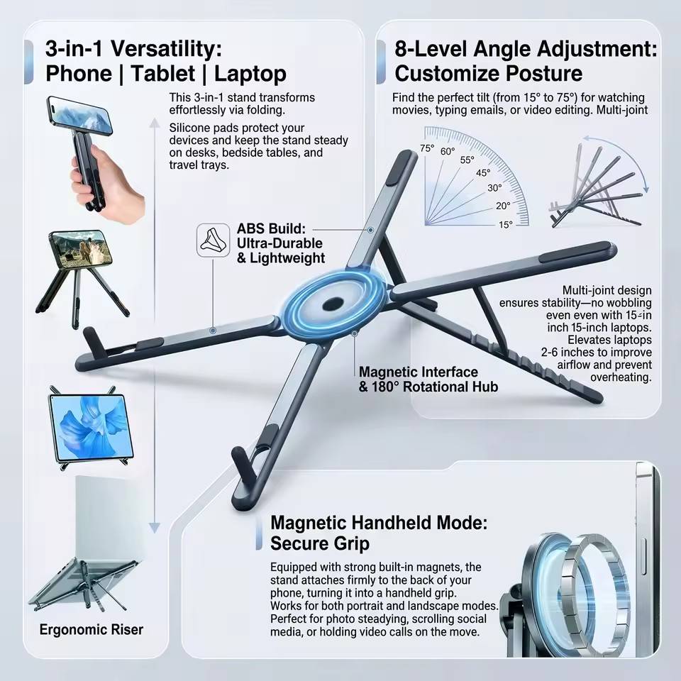Portable Magnetic Phone Holder & Selfie Stick 3-in-1 Foldable Tripod Stand for iPhone iPad Tablet Laptop Desktop Use