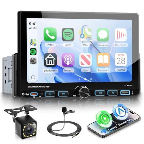 VECHTEL Bilradio 1 Din med trådlös Carplay Android-bil, 7 tums IPS pekskärm bil radio stöd Bluetooth 5,2 FM/AM/RDS radio EQ USB/typ C spegel länk fjärrkontroll backkamera