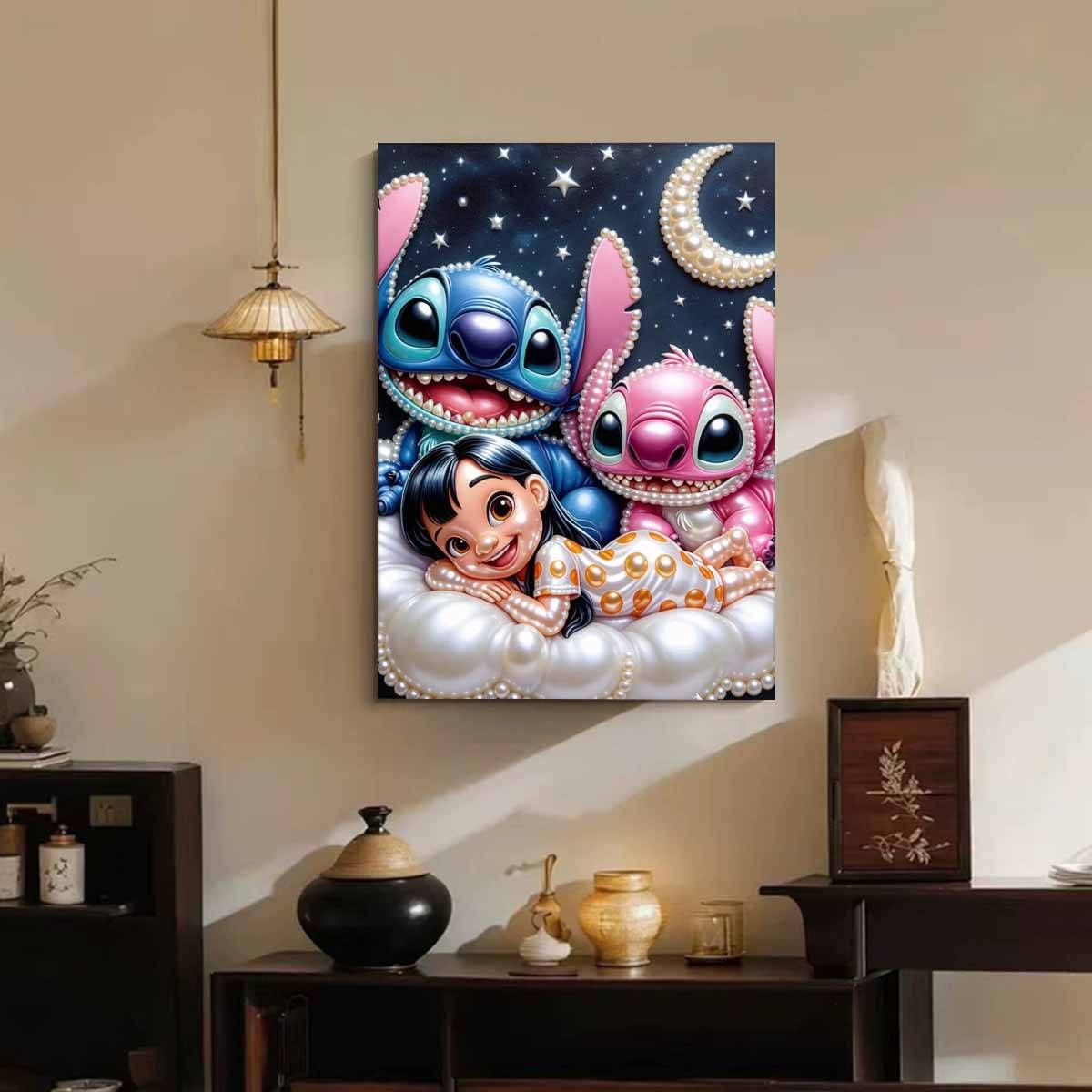 Starry Cloud Lilo, Stitch & Angel New Pearl-Inlaid Frameless Art | Handmade Pearl Craft, Starry Moon Cloud Theme, for Cute Dopamine Decor 35x45cm