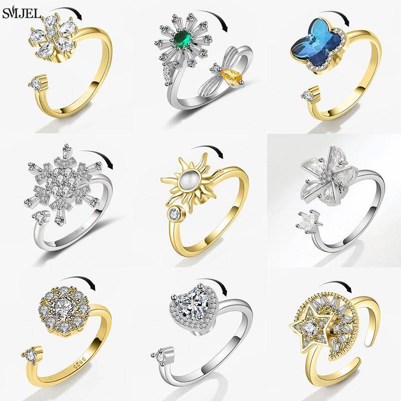 Anti-stress Ångest Fidget-ringar för Kvinnor Flera Kristall Blomma Sol Hjärta Metall Spinner Roterande Ring Bröllopsmycken