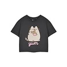 Pusheen Dam beskuren T-shirt | Grafisk t-shirt kortärmad toppalternativ|Söt katt tecknad kläder | Bekväm ledig klädsel tryck skjorta för kvinnor, Yum nudlar, 3XL