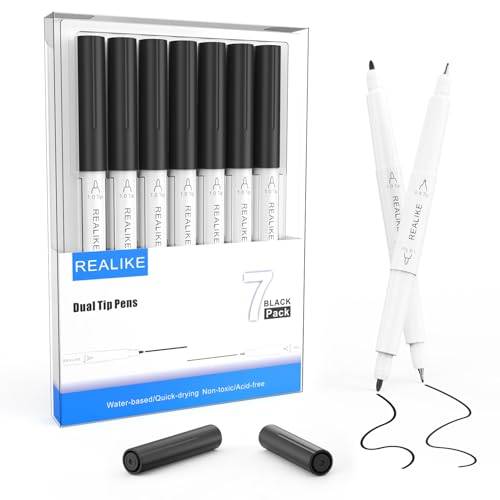 REALIKE Svarta markörpennor med dubbla spetsar kompatibla med Cricut Maker 3/4Explore 3/Air 2/Air Fine Point penna medium kalligrafi 7 pennor 1,0/0,4 tips för att skriva