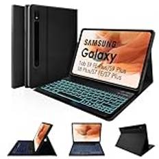 LAMA bakgrundsbelyst tangentbordsfodral för 12,4 tum Samsung Galaxy Tab S9 FE+/S9+/S8+/S7+/S7 FE, smalt skyddande fodral med tangentbord för Galaxy Tab S7 FE/S9 FE+/S9 Plus/S8 Plus/S7 Plus, brittisk