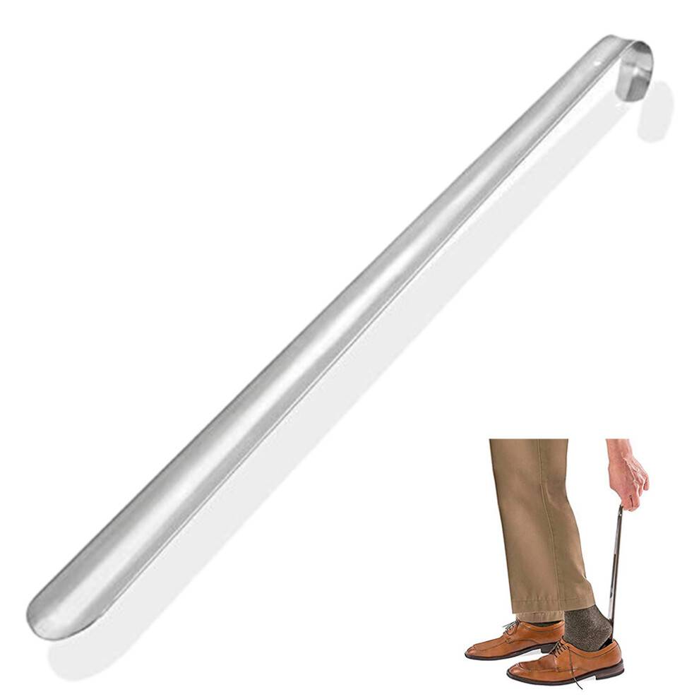 Kraftigt skohorn i rustfrit stål, ekstra langt skohorn, langt håndtag, ergonomisk design, spejlblank finish, glat overflade, skohjælp, gave til