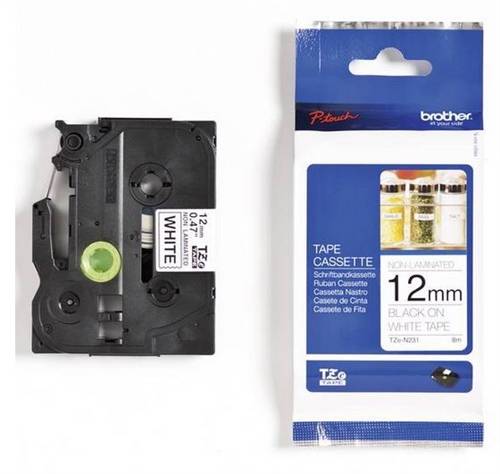 Brother TZe-N231, ulamineret tape, 12mm, sort tekst på hvid tape.