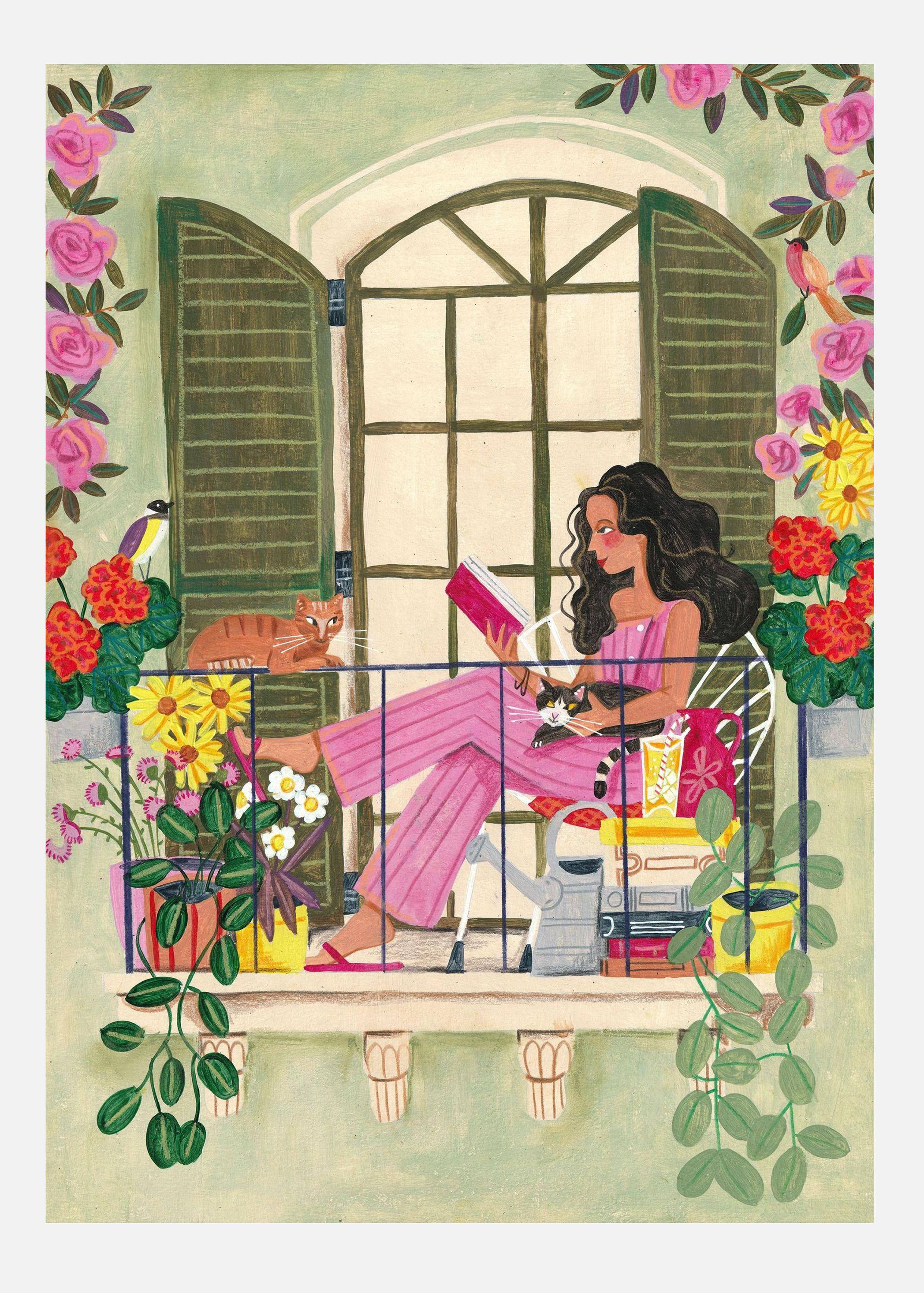 Woman Reads On Balcony Canvastavla (50x70 cm)