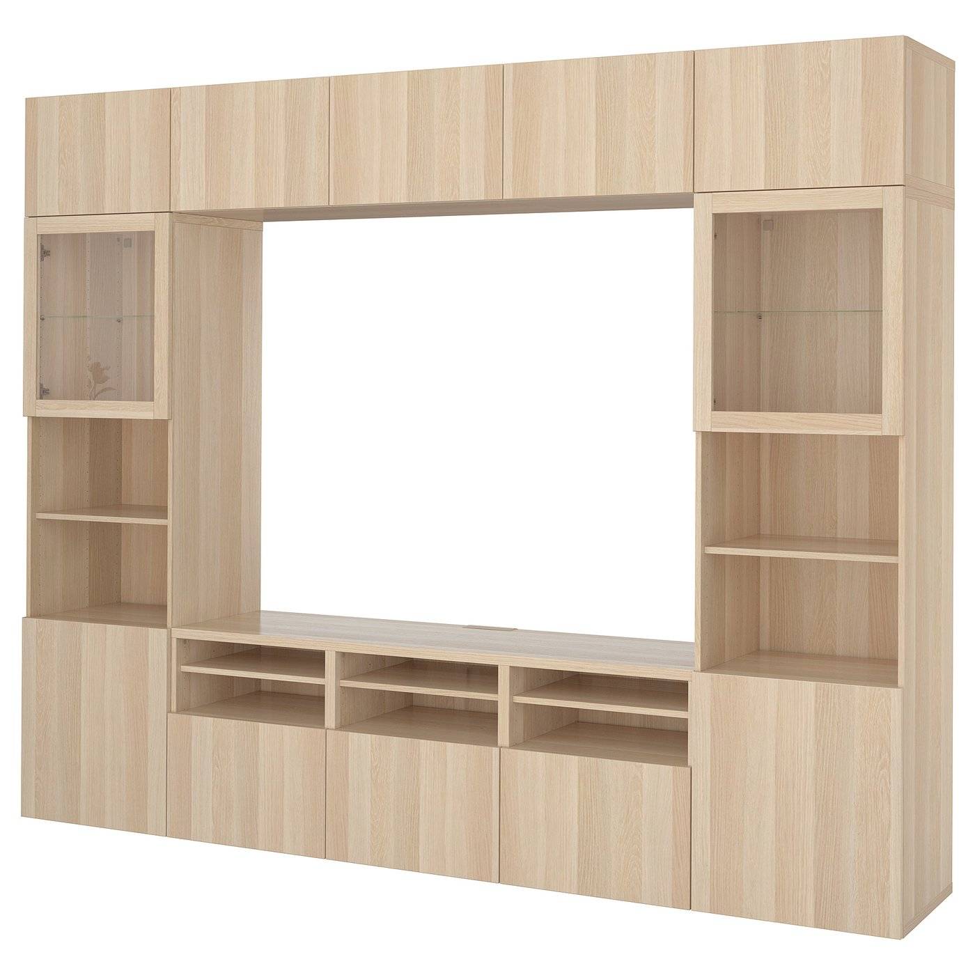 BESTÅ tv-förvaring kombination/glasdörrar, vitlaserad ekeffekt/Lappviken vitlaserad ekmönstrat klarglas, 300x42x231 cm