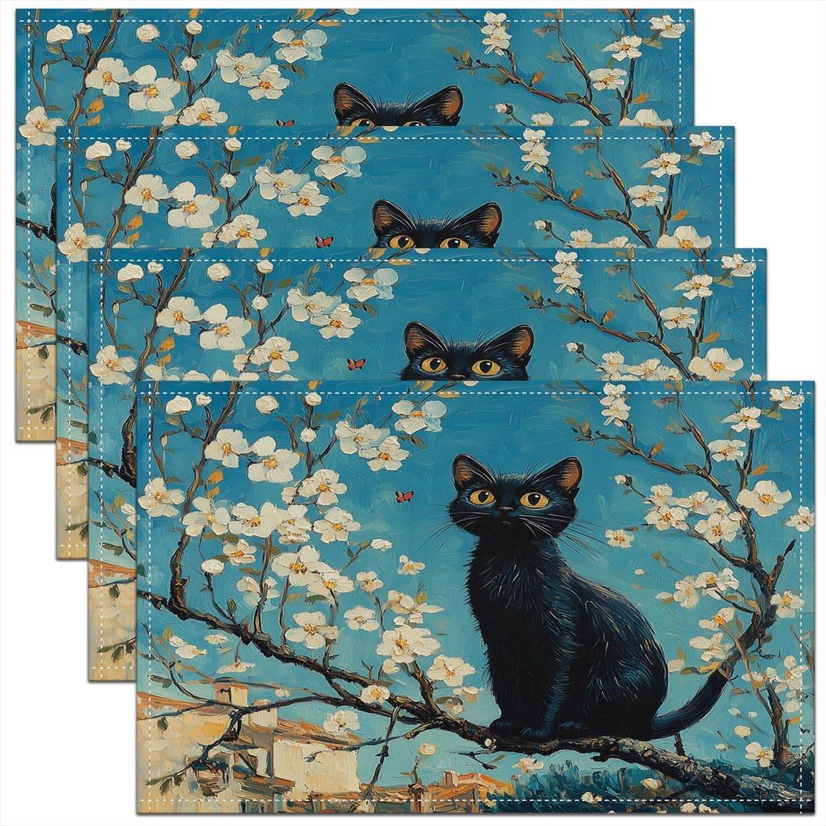 Sött set med 4 svarta kattunderlägg, Vita blomträd bordsunderlägg, Barn pojkar flickor, Underlägg i oljemålningstil