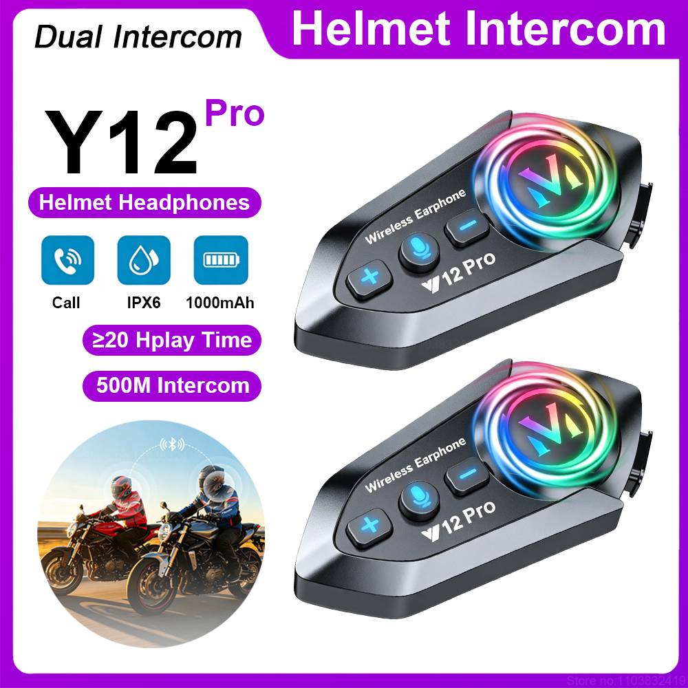 Motorcycle Helmet Intercom Headset Y12 Pro Wireless Bluetooth Earphone For iPhone Android Moto Walkie Talkie Mic Helmet Headset