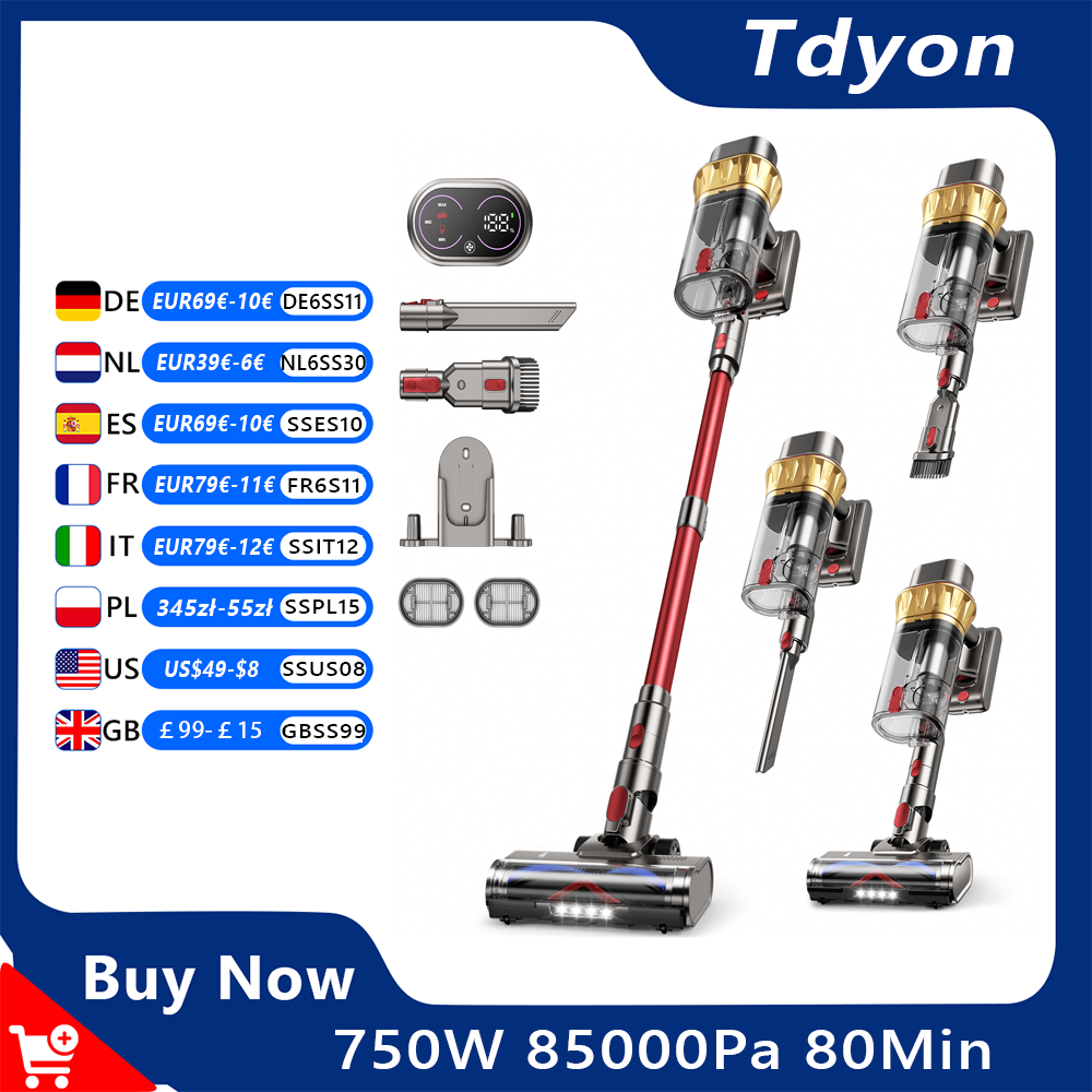 Tdyon 750W Cordless Vacuum Cleaner 85000Pa Ultra Strong Suction 3H Fast Charging 2.8L Large Dust Cup Removable Battery Up to 80 Mins Runtime 2-in-1 Handheld Stick Vacuum Cleaner for Home Carpet Car