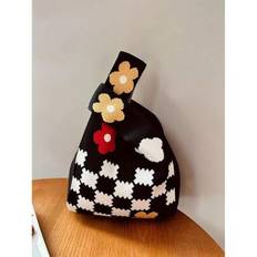 Kontrastfärg Blomma geometrisk stickad vävd handledsväska för kvinnor, fashionabel mini vikbar handväska, andas och avslappnad, souvenirväska, handväs - Multifärgad (1 vara)
